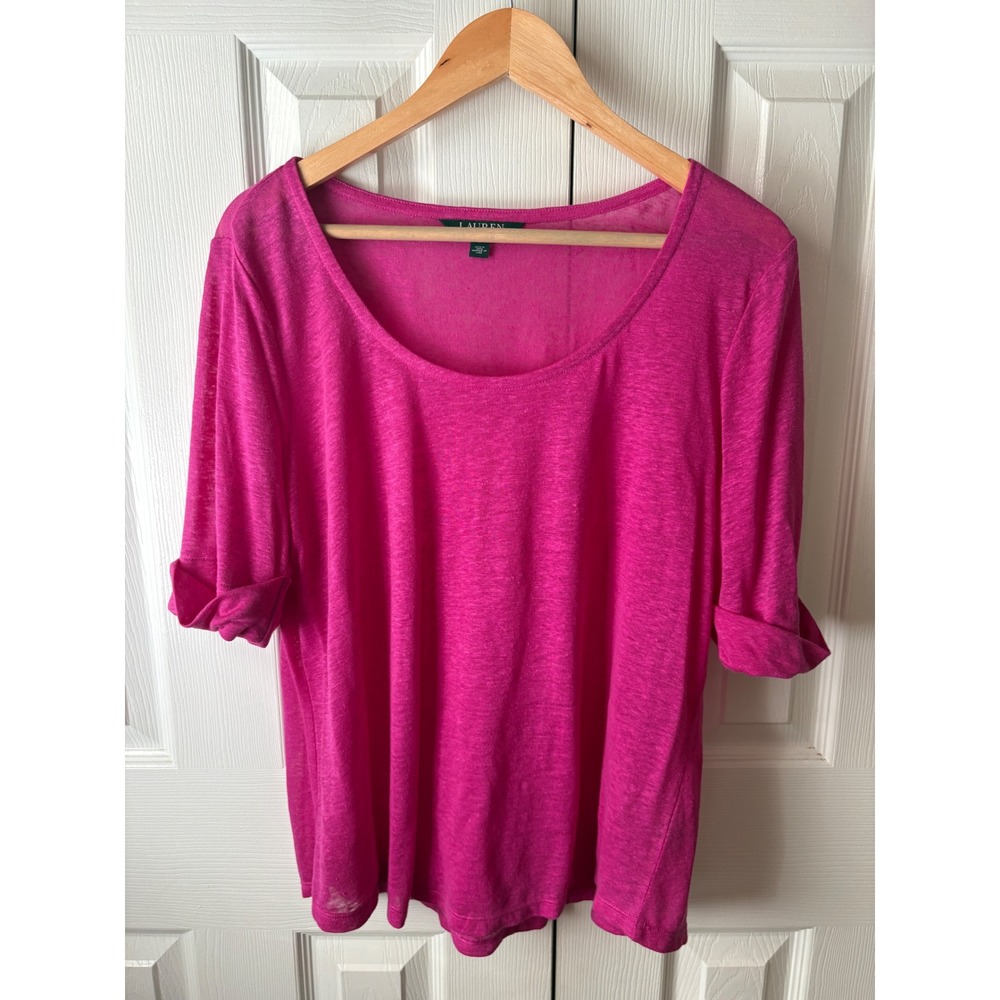 Lauren Ralph Lauren Pink 100% Linen Knit Scoop Neck Roll Cuff Semi-Sheer Top L